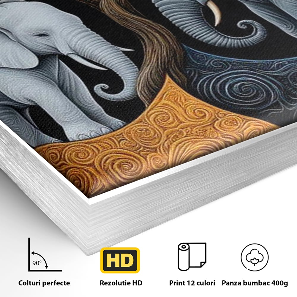 Detaliu al suprafetei: tablou canvas cu elefanti si yin si yang, in rama de aluminiu argintiu